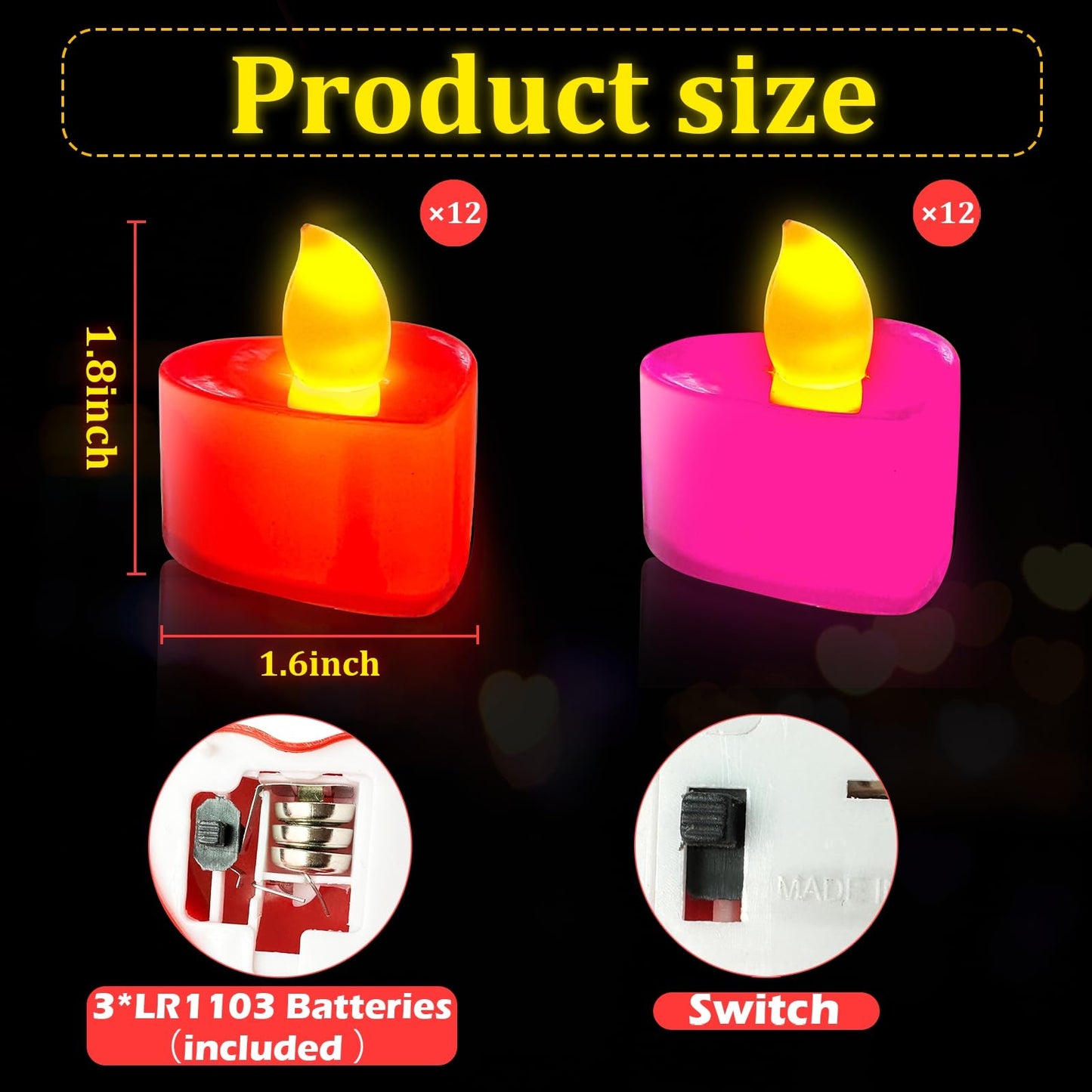 24 Pack LED Tea Lights Candles Battery Operated,Valentines Heart Shaped Candles for Party Favors,Red Pink Flameless Candles for Valentines Day Romantic Night Anniversary Wedding Table Decor