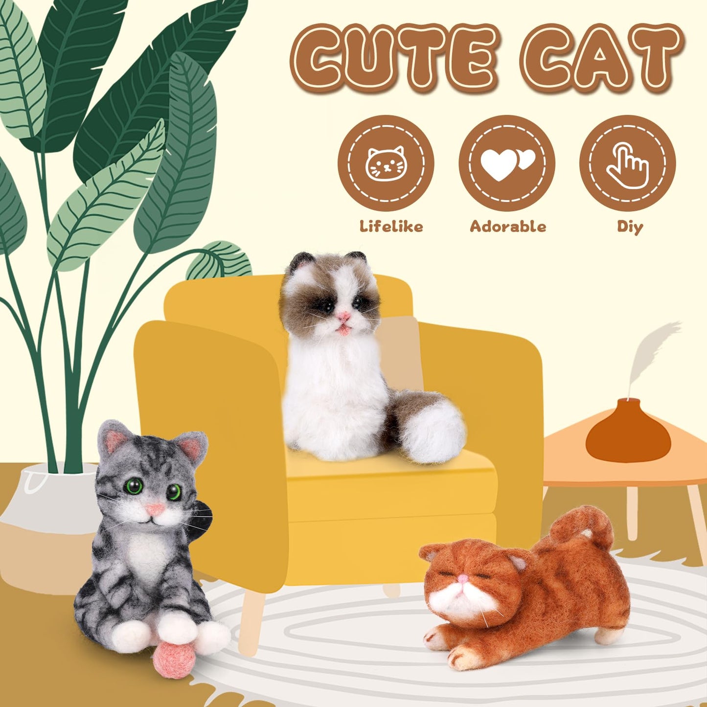 Needle Felting Kit, 3 PCS Cat Animal Needle Felting Beginner Kits Wool Felt Needle Felting Tools with Instruction for DIY Craft Animal Home Decoration
