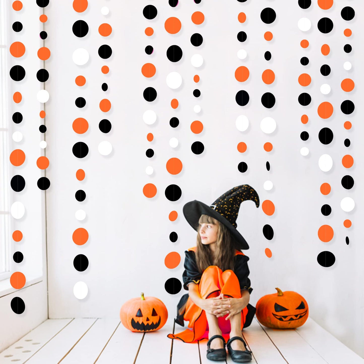 46Ft Orange Black Circle Dot Garland Black Orange and White Polka Dot Hanging Paper Streamer for Birthday Wedding Bridal Shower Baby Shower Fall Autumn Halloween Thanksgiving Party Decoration Supplies
