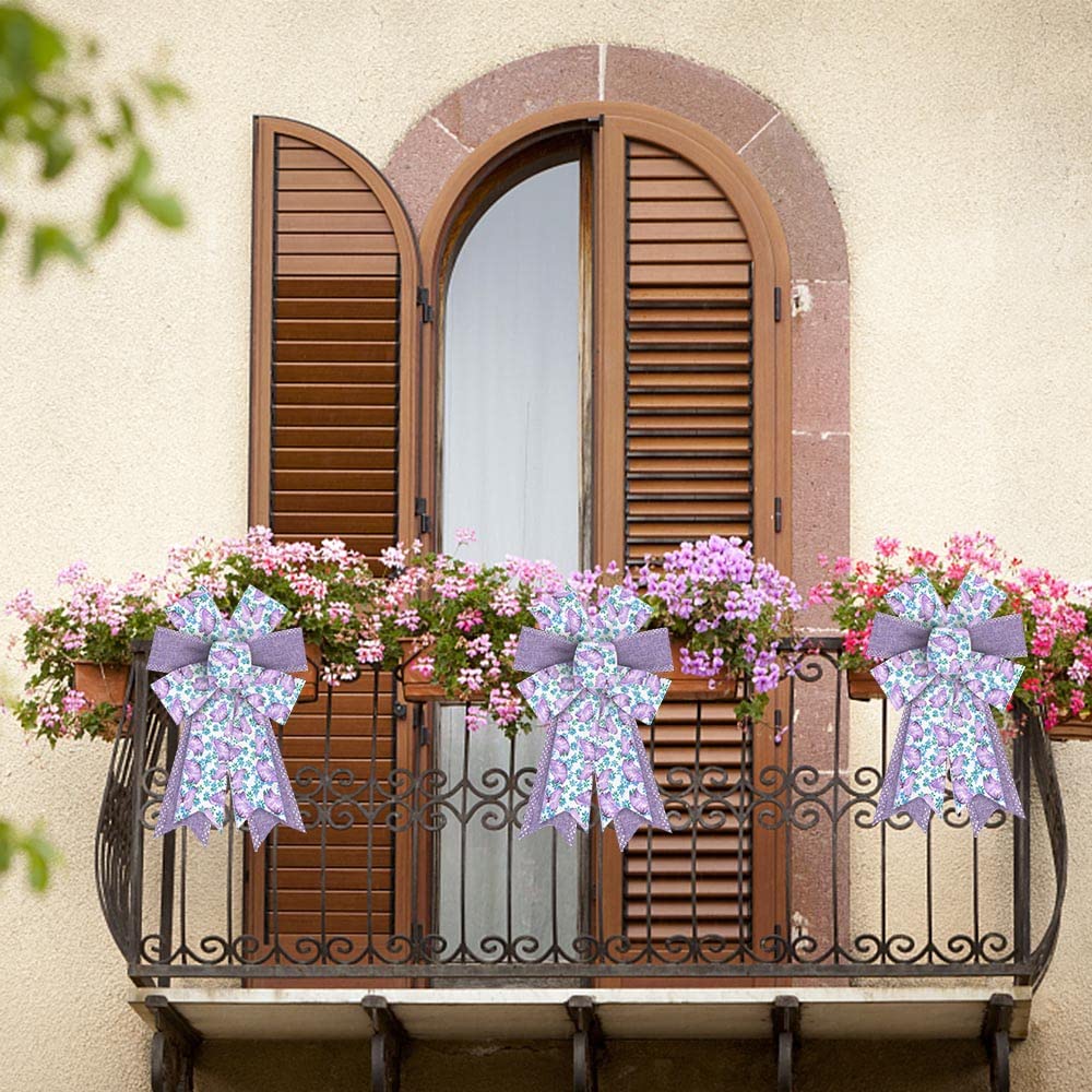 2 Rolls 10 Yards Floral Wired Edge Ribbon, 2.5inch Purple Lavender Burlap Ribbon, Purple Flower Butterfly Gift Wrapping Ribbon for Farmhouse Party DIY Craft Spring Wreaths Bow Decoration