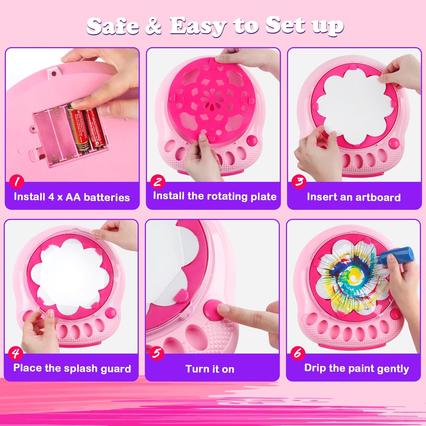 Spin Art Machine for Kids - Paint Spinner Art Craft Kit with 36 Artboards & 7 Colors - Arts and Crafts Painting Set for Boys Girls Ages 4-12, Birthday Easter Gifts for 6 7 8 9 10 Year Old（Pink）