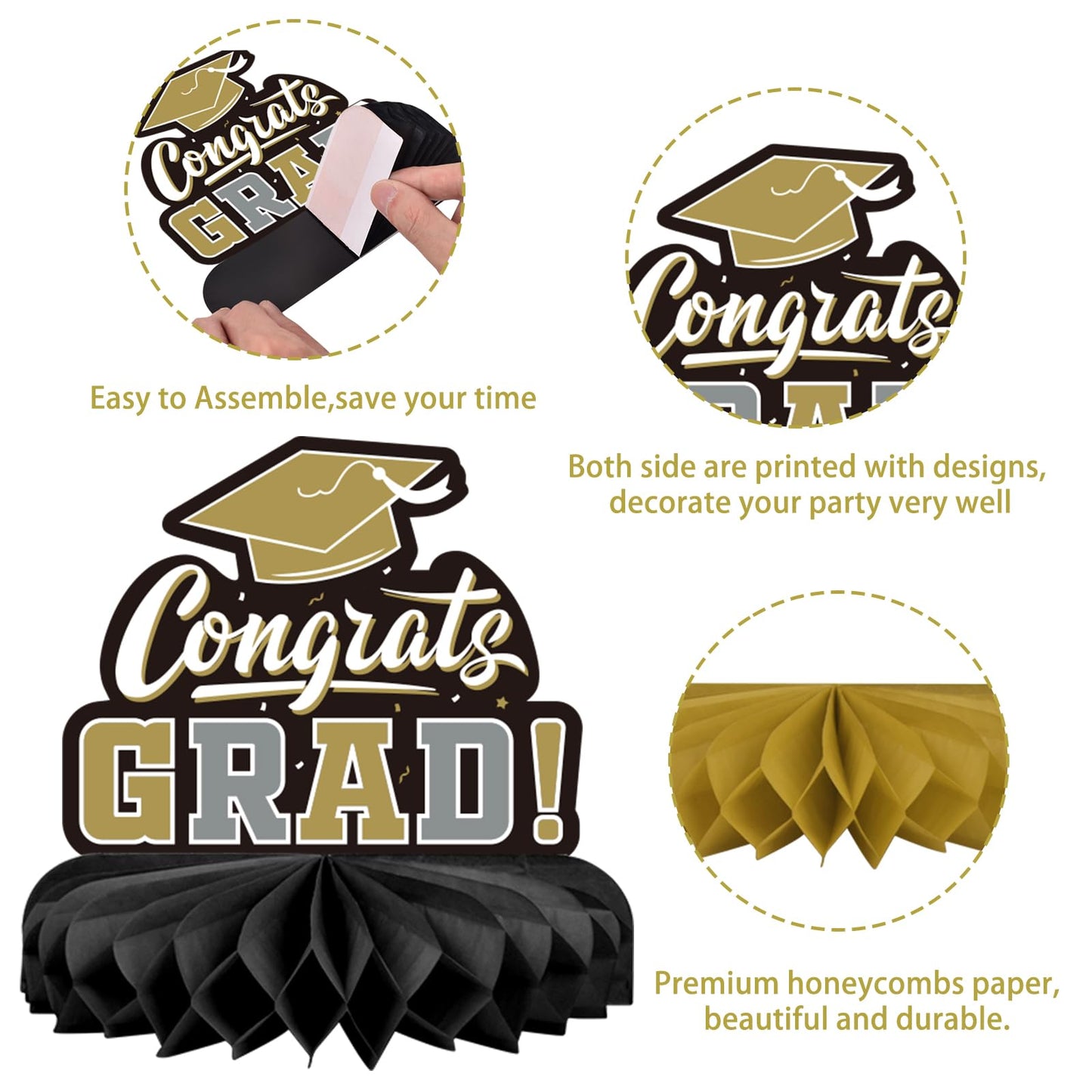 9PCS Graduation Party Decorations Class of 2026 Congrats Grad Table Centerpiece Congratulate Graduation Honeycomb Table Toppers for Graduation Party Supplies(Black）