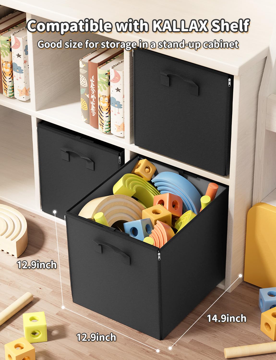 Toy Storage Organizer & Play Mat 43.3", Large 15×13×13" Collapsible Storage Cube Bin with Handles for Building Bricks, Boys, Girls, Playroom, Nursery (M, Black)