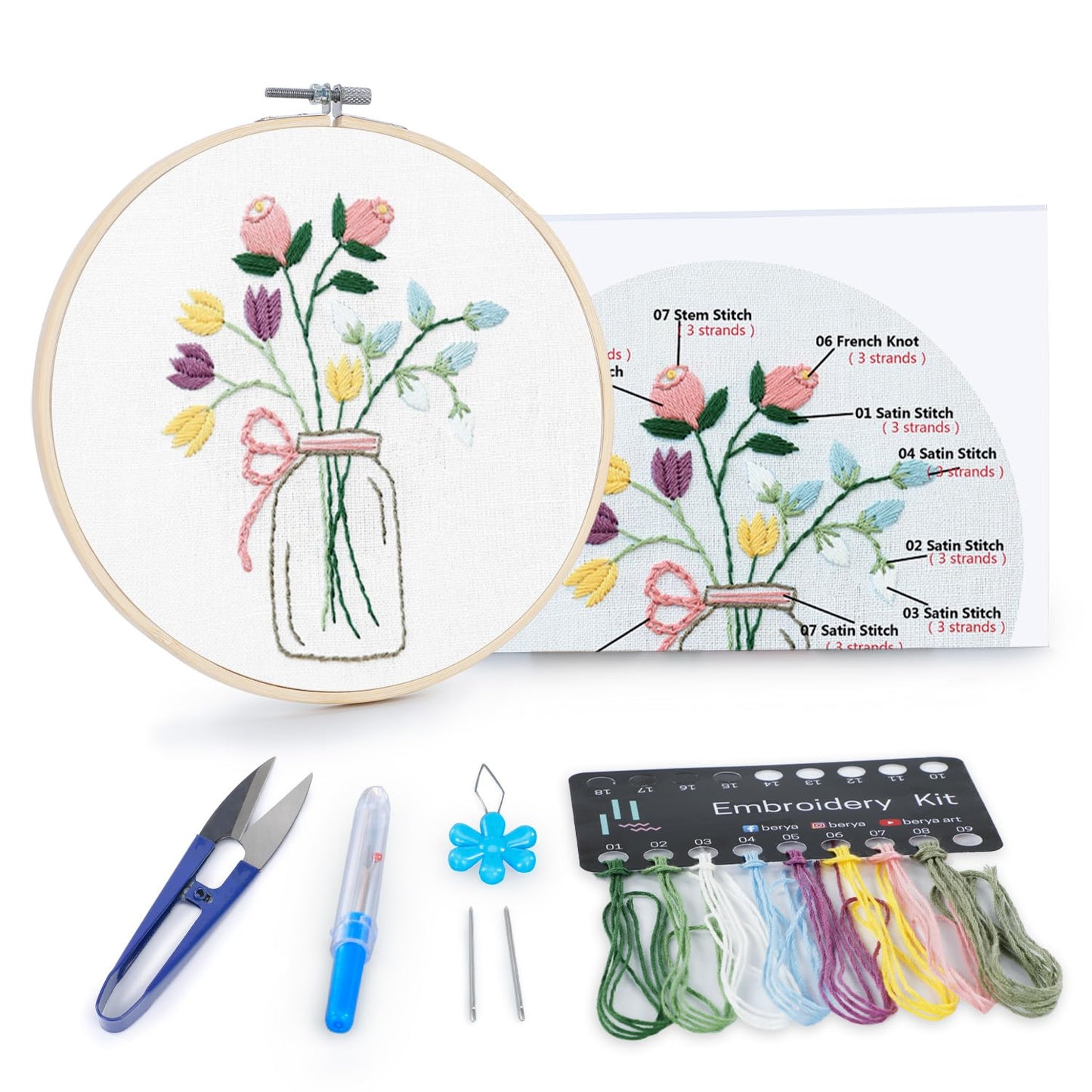 Flowers Embroidery Kit Including Video Step by Step Instructions Embroidery Hoop,Color Threads and Embroidery Scissors for Beginners-Handmade Needlepoint Kits for Adults Kids