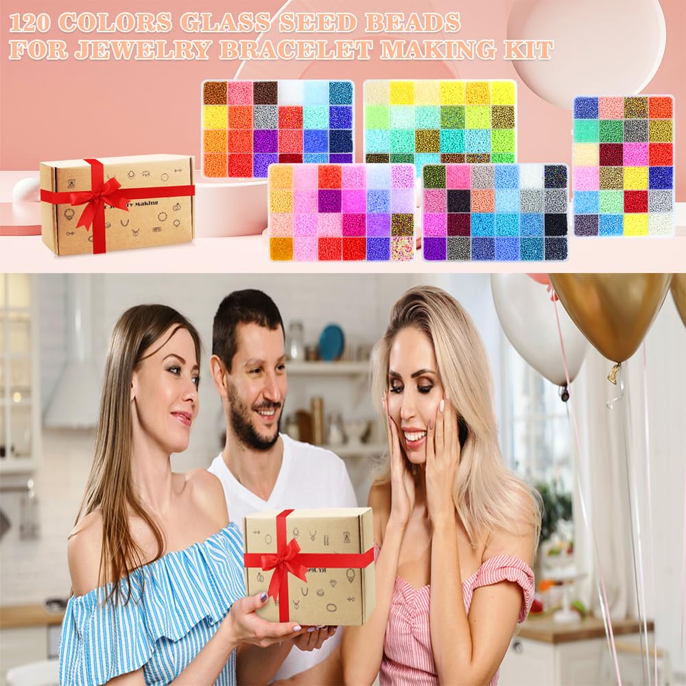 32400pcs Glass Seed Beads for Jewelry Making Kit, 120 Colors 3mm Small Beads Kit Bracelet Beads with Letter Evil Eye Beads Jump Rings & Charms Pendants for Bracelets Making, DIY, Art and Craft