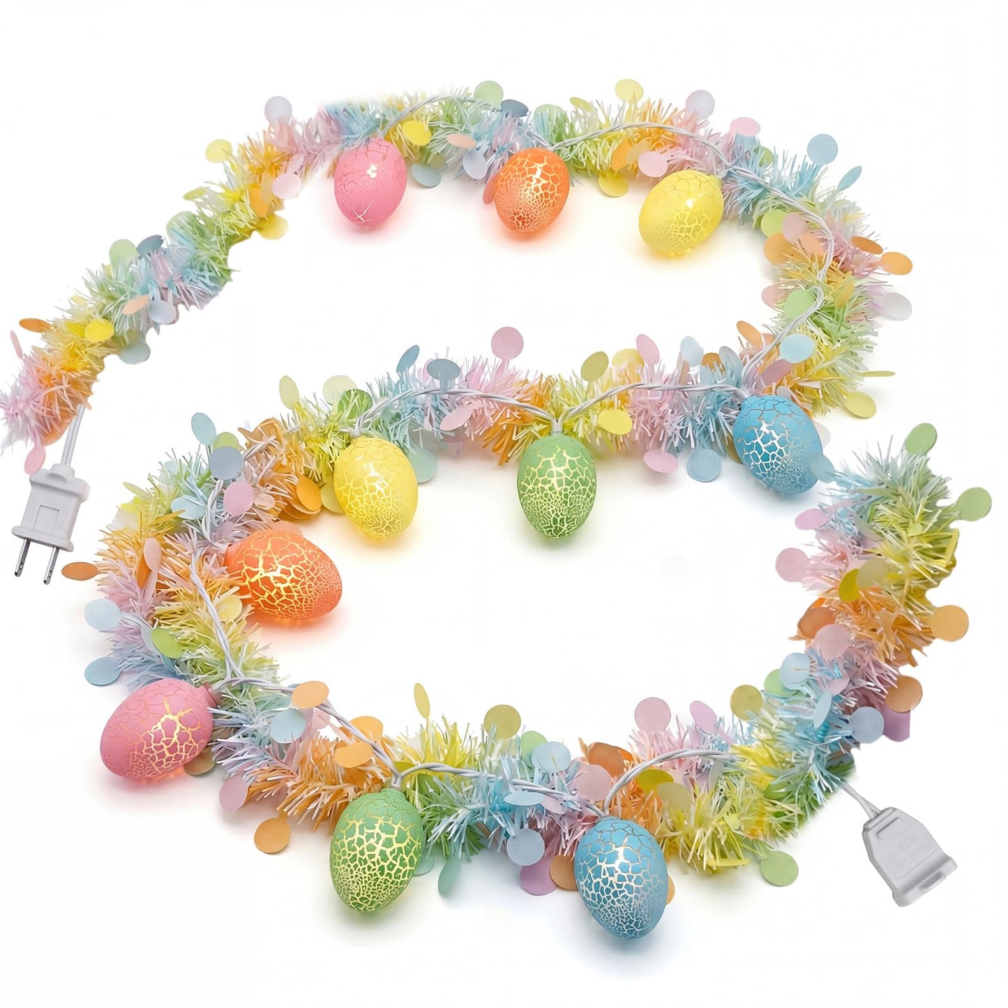 8.5Ft Easter Garland with Lights, Plug in Easter Egg String Lights & Pastel Tinsel Set (White Wire), Connectable Waterproof Indoor Outdoor Decor for Home Mantle Bedroom Party