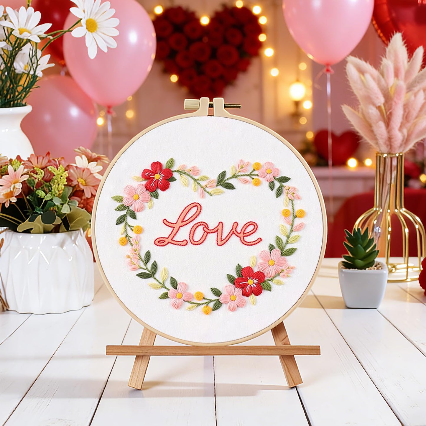 Valentines Embroidery Kit, DIY Embroidery Starter Kit for Adults & Beginners, DIY Needlepoint Kit with Embroidery Hoop Thread Needle for Craft Lover Birthday Gifts (Valentines-4 Set)