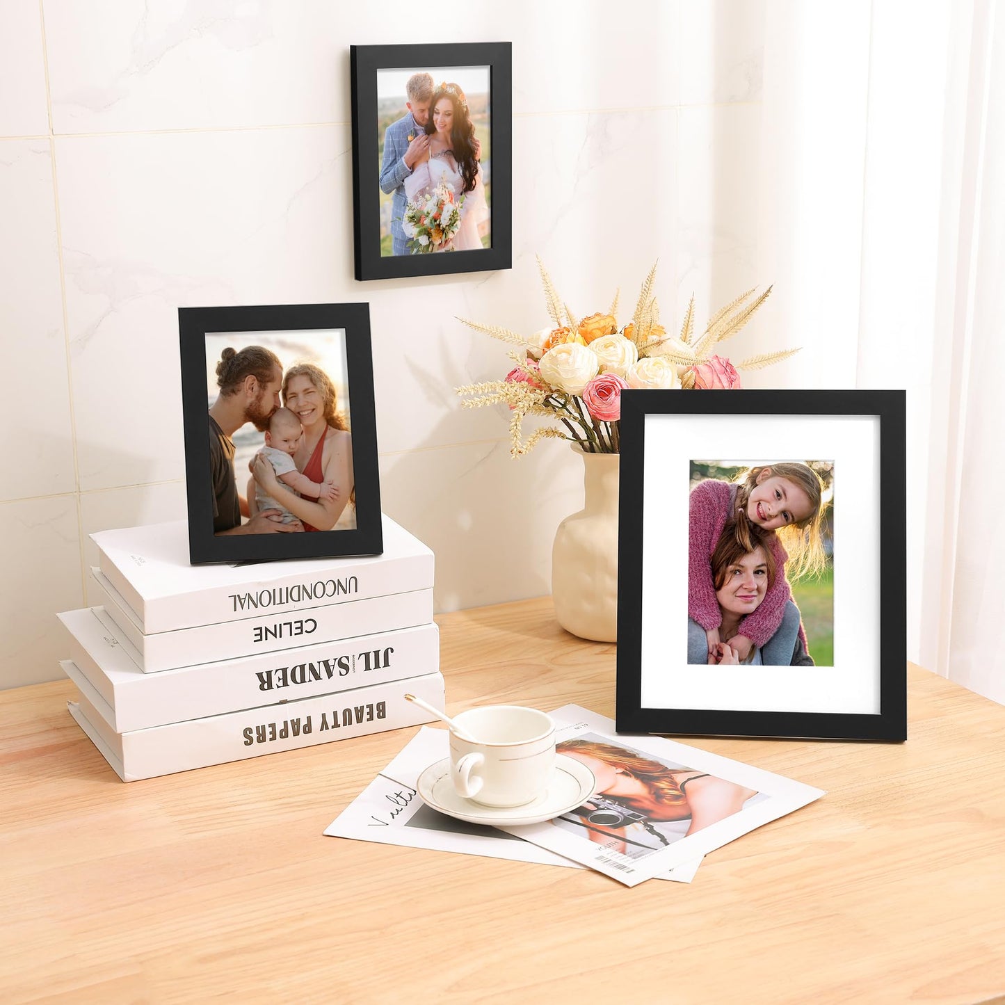8x10 Picture Frame, Display Pictures 5x7 with Mat or 8x10 without Mat, Black Engineered Wood Photo Frame with Plexiglass for Wall & Tabletop Display, Picture Frames 8x10 Set of 1