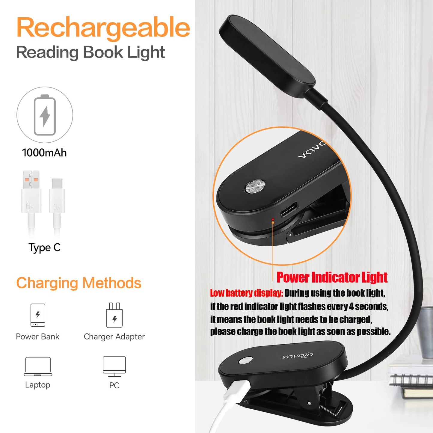 Rechargeable Book Light, 14 LEDs Eye Care Clip On Amber Reading Light for Bookworms Reading in Bed with 9 Colors 9 Brightness(Black)