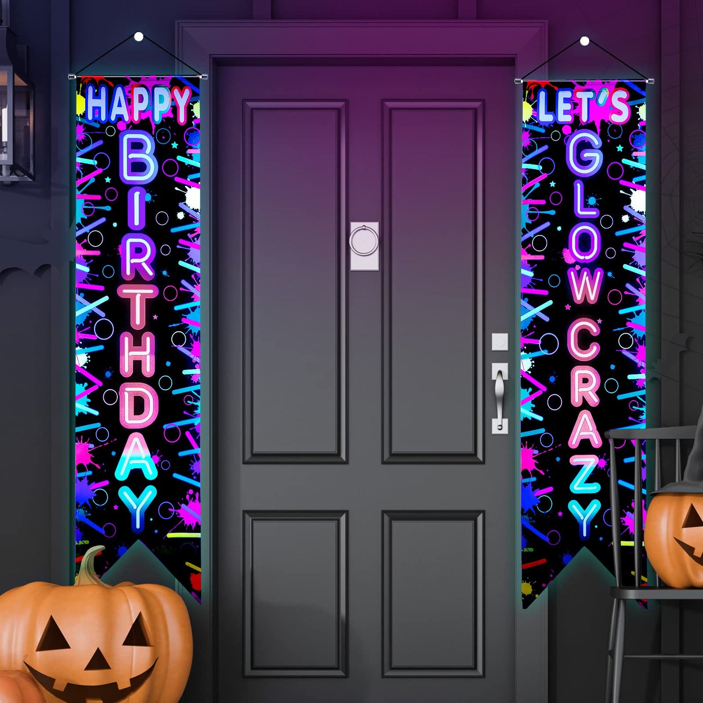 Tegeme Glow in the Dark Party Supplies Neon Happy Birthday Banner Crazy Porch Sign Glow Party Backdrop for Black Light Neon Themed Birthday Party Decorations