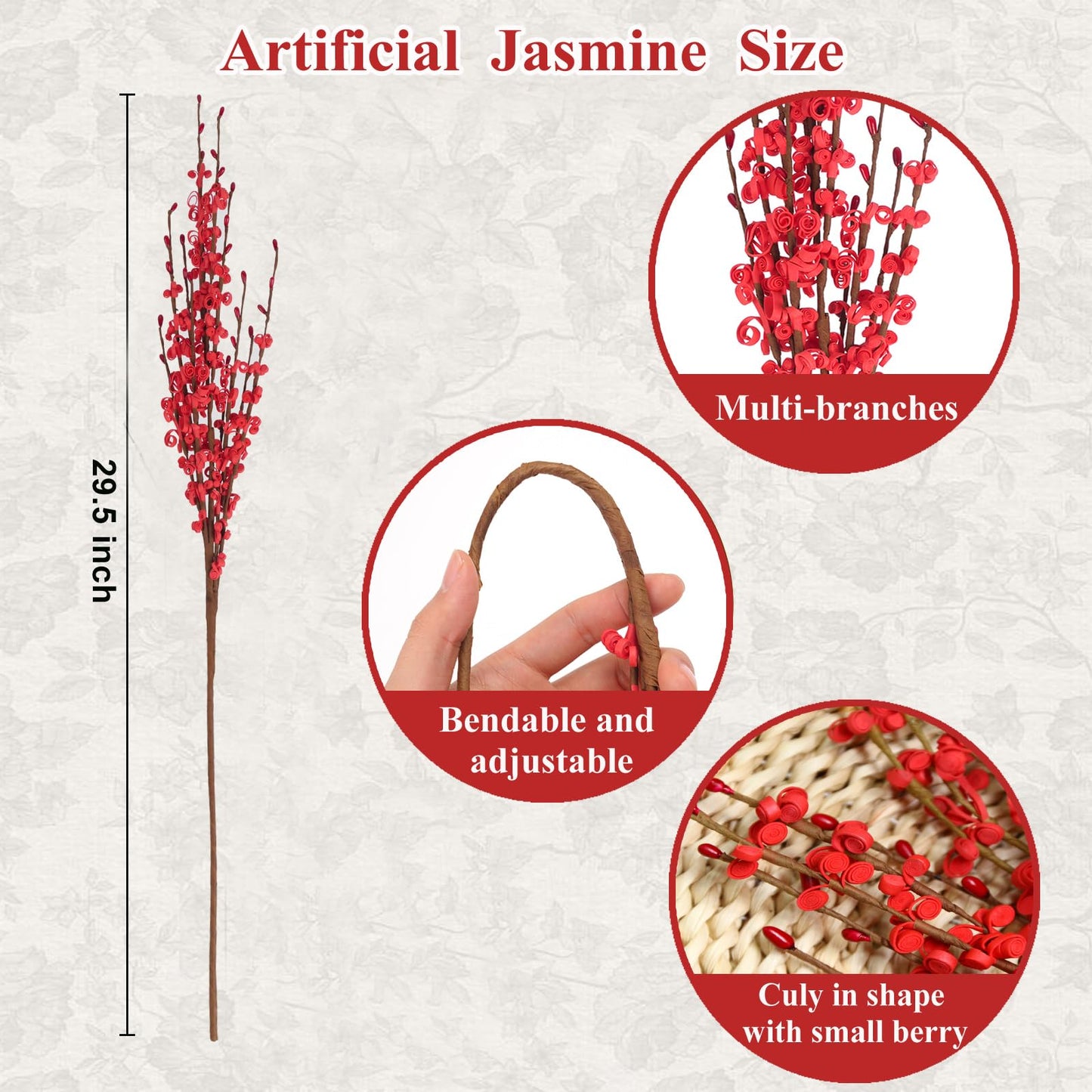 Wolpark 29.5" Long Stem Jasmine Flowers with Mini Berry 5Pcs Red Flowers Artificial Floral Picks for Home Office Wedding Party Decoration