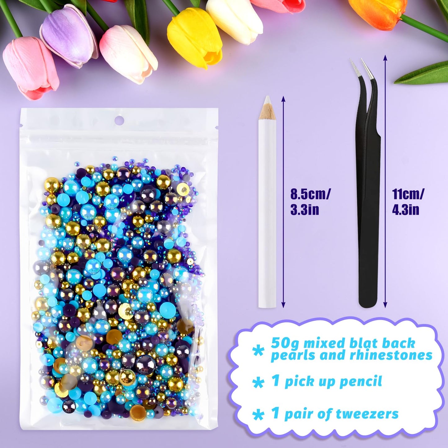 ASTARON 50g Mix Flatback Rhinestones Half Pearls for Crafts Mixed Size 3mm-10mm Flat Back Rhinestones for Crafts Flatback Pearls for Decorating Tumblers Mugs Nail Art Shoes (Blue Gold Series)