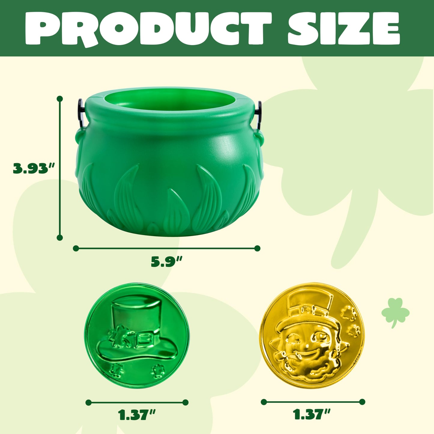 JOYIN 208 St Patrick’s Day Lucky Leprechaun Plastic Coins and 1 Large Green Cauldron with Handle Saint Patricks Pot of Gold Party Supplies