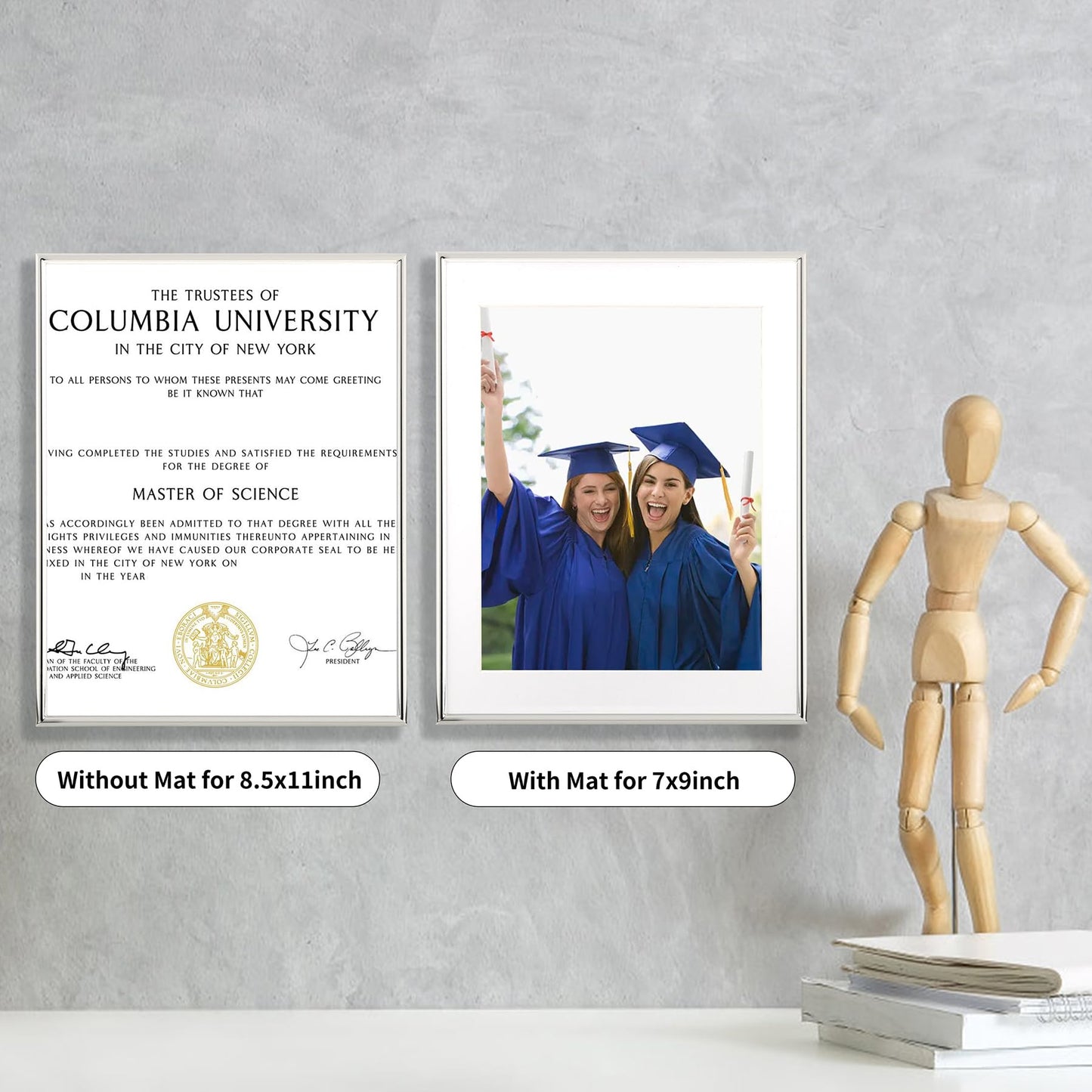 8.5x11'' Silver Metal Certificate Picture Frame with Mat for 7x9'' set of 2, Elegant Narrow Plated metal Ducoment Frames 8.5 x 11'' With Soft Touch Velvet Backing for Desktop