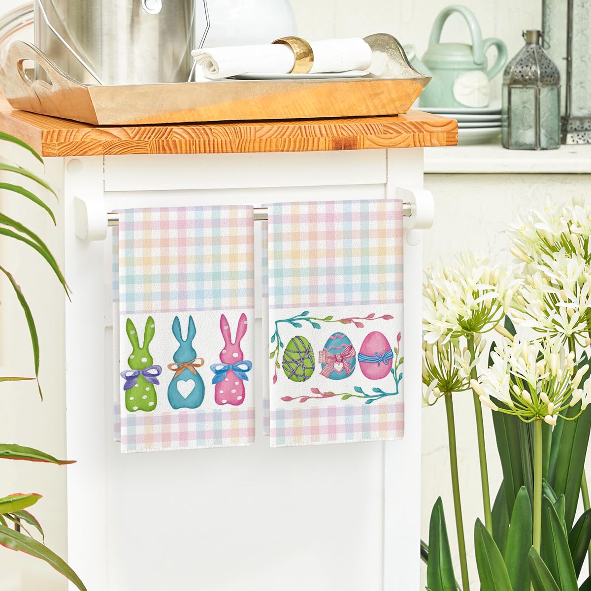 Colorful Stripe Rabbit Bunny Eggs Easter Kitchen Towels Dish Towels, 18x26 Inch Spring Decoration Hand Towels Set of 2