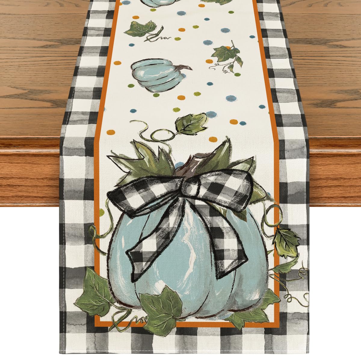 Artoid Mode Blue Pumpkin Bowknot Buffalo Plaid Fall Table Runner,Seasonal Autumn Kitchen Dining Table Decoration for Home Party Decor 13x72 Inch