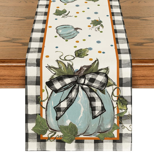 Artoid Mode Blue Pumpkin Bowknot Buffalo Plaid Fall Table Runner,Seasonal Autumn Kitchen Dining Table Decoration for Home Party Decor 13x72 Inch