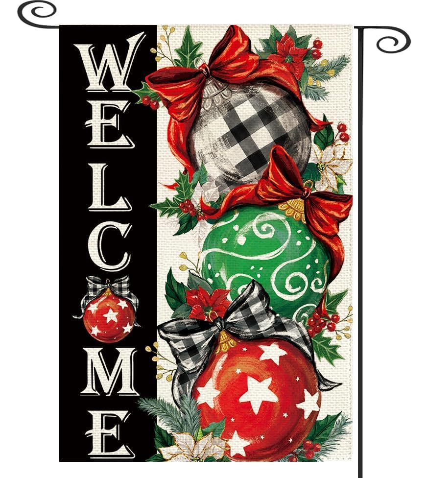 Baccessor Christmas Garden Flag 12.5 x 18 Inch Double Sided Burlap Winter Red Xmas Ball Ornament Small Yard Flag Winter Holiday Seasonal Outdoor Outside Decoration