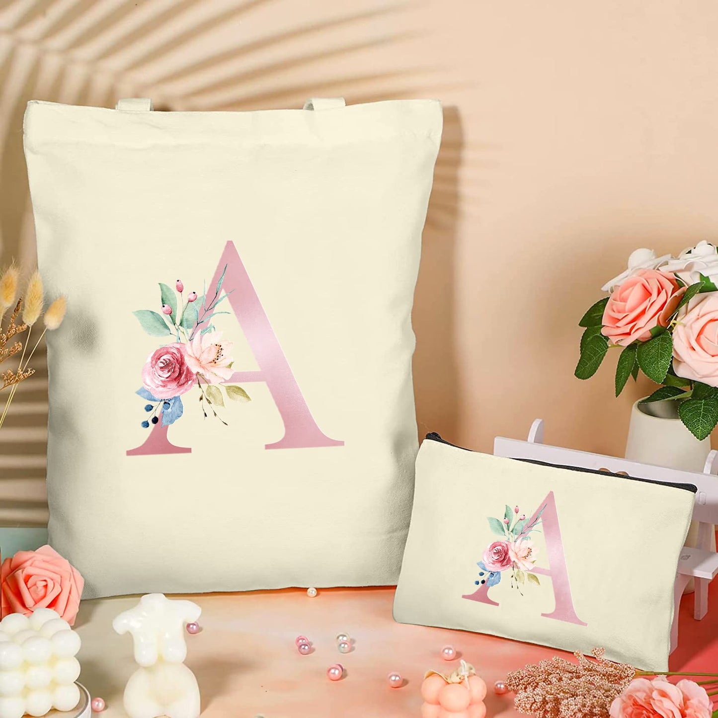 Binggemen Initial Canvas Tote Bag with Zipper Pockets,Personalized Totes for Women Bridesmaids Teacher,Cosmetic Makeup Bag,Monogrammed Gifts for Wedding Birthday (Letter A)