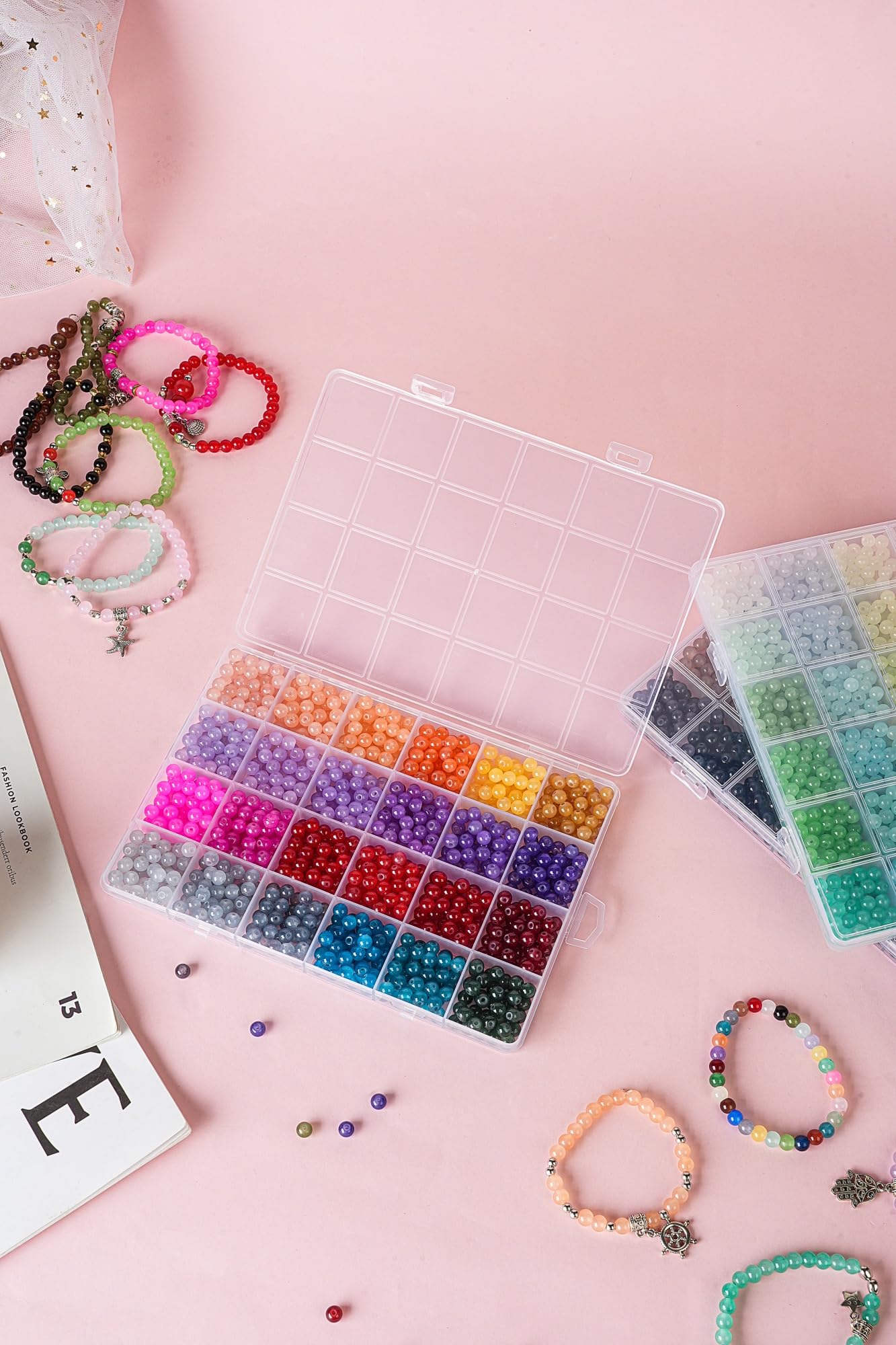 72 Colors 6mm Glass Beads for Jewelry Making,3000PCS+ Round Crystal Glass Beads Bracelet Making Kit with Accessories, Bead Starter Kit Crafts Gifts Set Suitable for Teen Adults