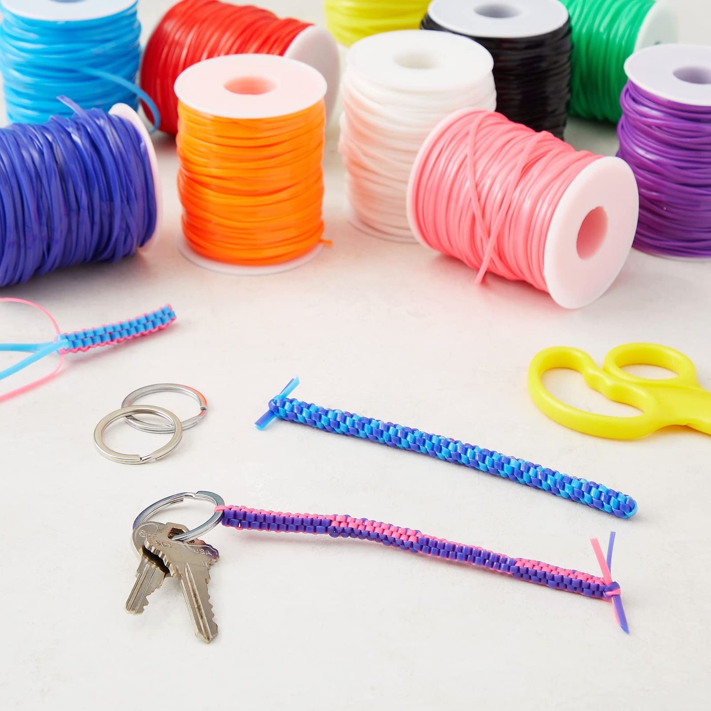 Juvale Lanyard String Kit - Neon Plastic Lacing Cord & Gimp String for Bracelets - Plastic Cord & Boondoggle Kit for Keychains - 10 Spools, 50 Yd Each, 2.5 mm x 1 mm, Rainbow