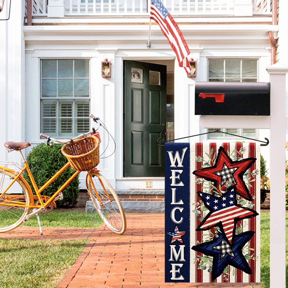Independence Day 4th of July Garden Flag Burlap 12x18 Inch Double Sided, Patriotic American Stars and Stripes Yard Outdoor Decor DF304