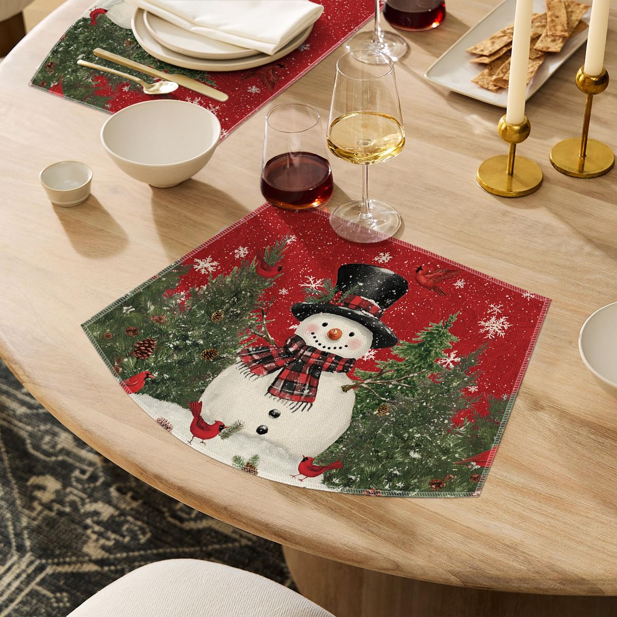 Red Christmas Snowman Wedge Placemats for Round Table Set of 6, Winter Seasonal Kitchen Dining Table Decoration for Indoor Party Home