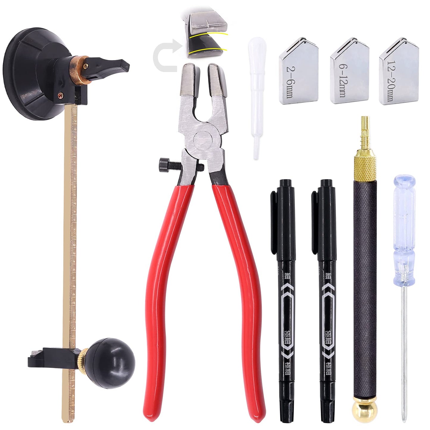 Mardatt 9 Pcs Glass Cutting Tool Set Kit Includes Adjustable Circular Glass Cutter, Glass Running Pliers with Rubber Tip, 2mm-20mm Oil Feed Carbide Tip with 3 Bonus Blades for Mirrors Tiles Mosaic