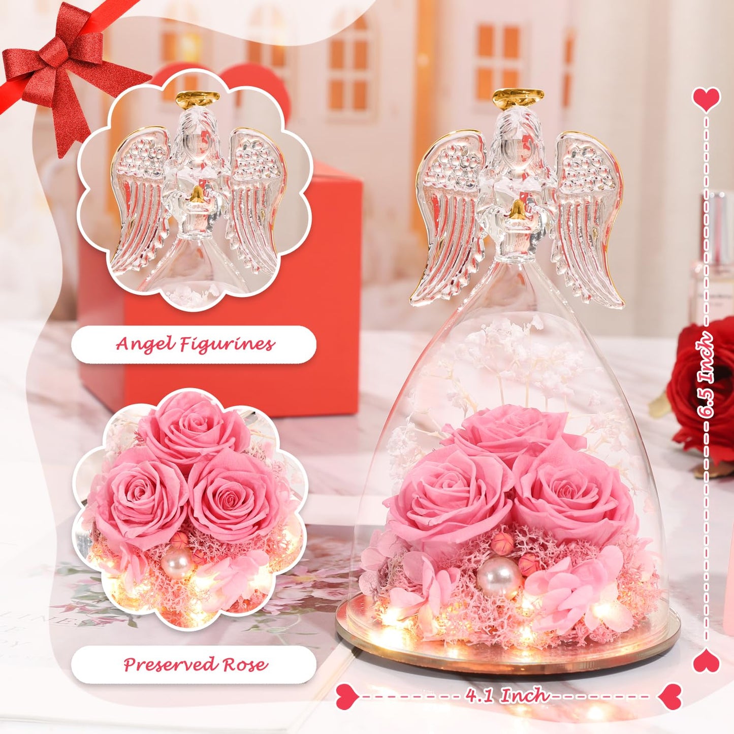Gifts for Mom Birthday Gifts for Women,Preserved Flowers Rose in Glass Angel Figurines Flowers for Delivery,Preserved Three Red Rose with Lights,Birthday for Mom Women Grandma Wife
