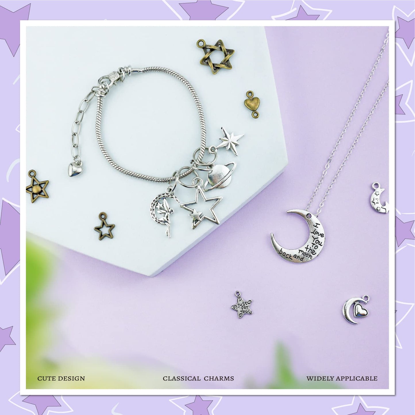 JIALEEY Celestial Mixed Sun Moon Star Charms, Wholesale Bulk Lots Antique Alloy Charms Pendants DIY for Necklace Bracelet Jewelry Making and Crafting, 100g(74PCS)