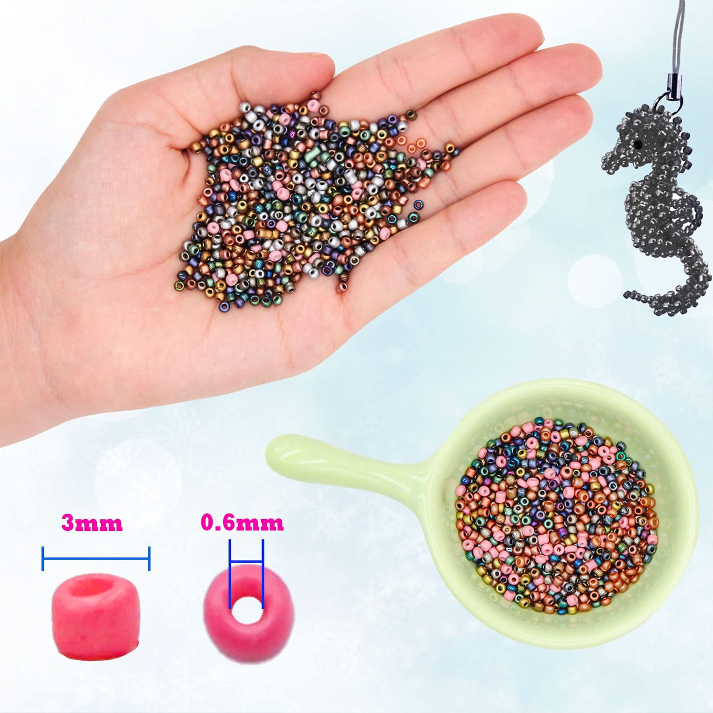 EuTengHao 8/0 Glass Seed Beads Kit, 3mm Metal Color Waist Beads, 24Colors Small Pony Beads with String for Bracelet Necklace Earring Jewelry Making (14405PCS, 600 Per Color)