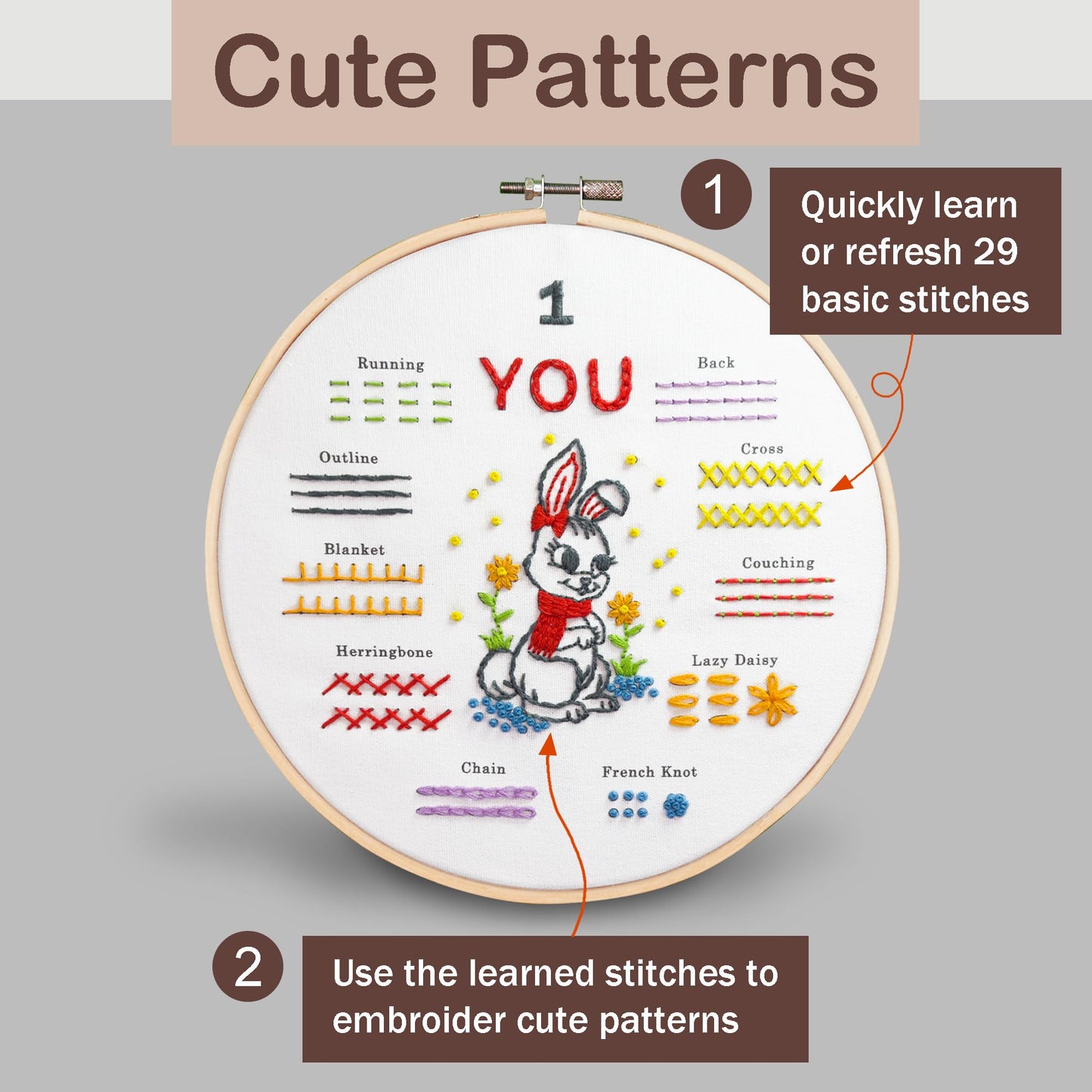 Bradove Embroidery Kit for Beginners, Learn to Embroider Top 29 Stitches and Cute Embroidery Patterns with Video Tutorial and Instruction Booklet, Beginner Embroidery Kit for Adults Kids, Stitches Kit