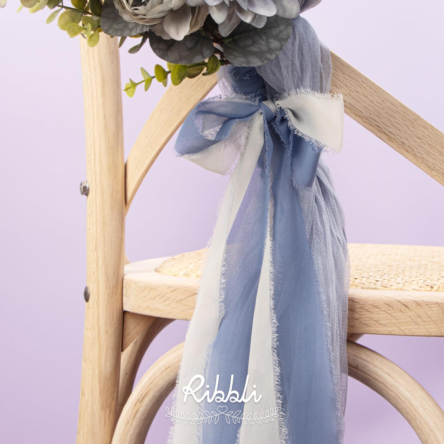 4 Rolls Dusty Blue Chiffon Ribbon Set,Handmade Fringe Silk Ribbon Gauze,1.5 in x 5Yd Each,Ivory/Pastel Blue/Dusty Blue/Dark Blue Ribbon for Wedding Invitations, Bridal Bouquets Wrapping