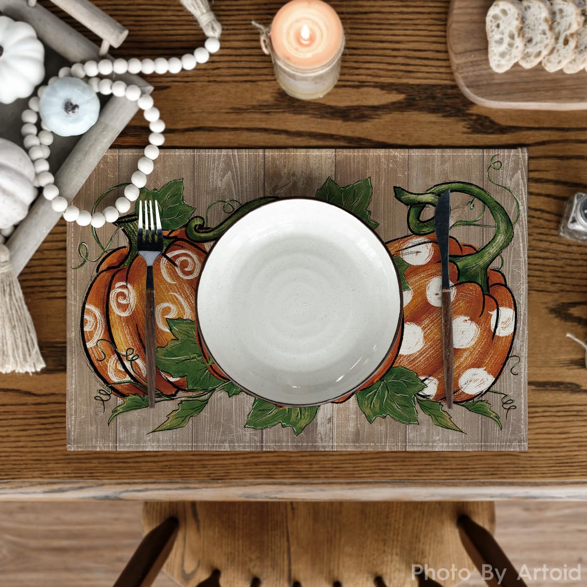 Artoid Mode Polka Dot Pumpkins Vine Thanksgiving Placemats Set of 4, 12x18 Inch Seasonal Fall Table Mats for Party Kitchen Dining Decoration