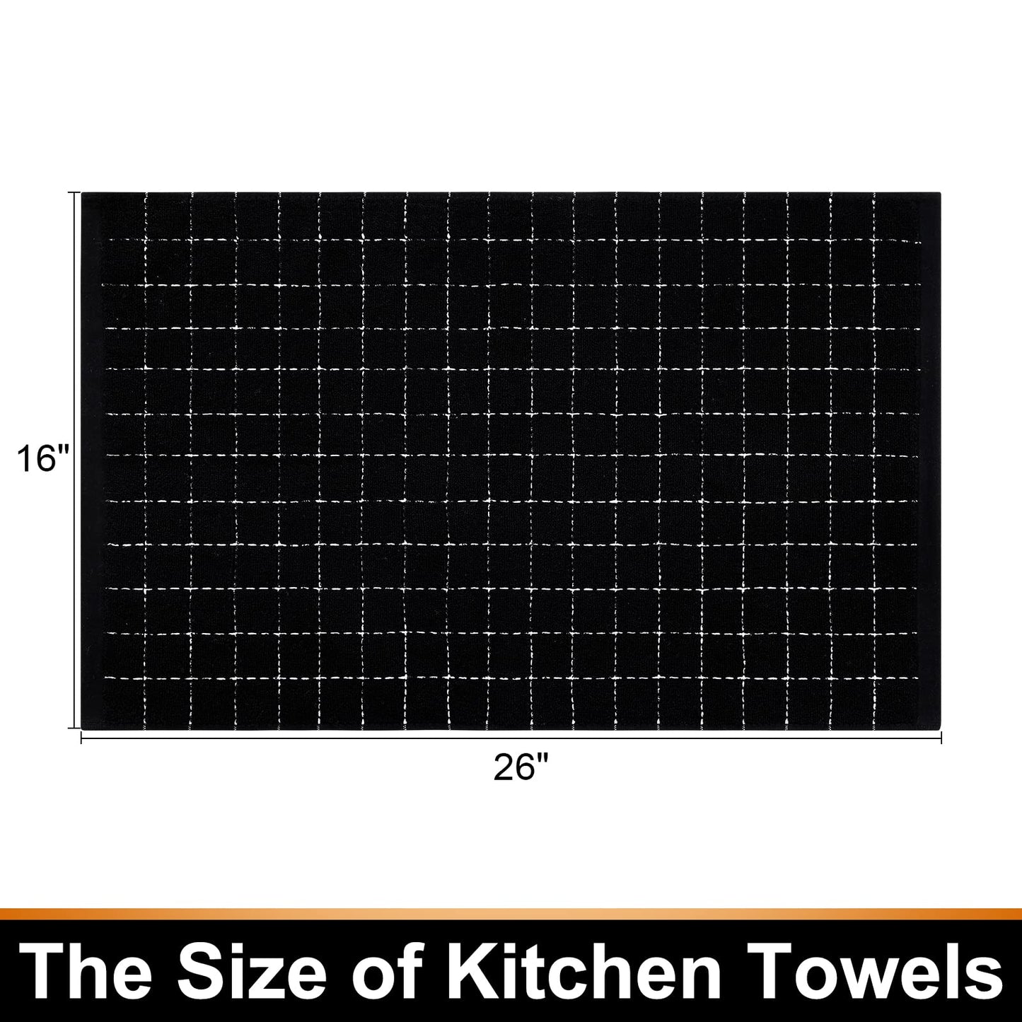 100% Cotton Terry Cloth Kitchen Towels, Super Soft and Absorbent Dish Towels for Drying, Checkered Designed Hand Towels for Kitchen, 16 x 26 Inches, 4 Pack, Black