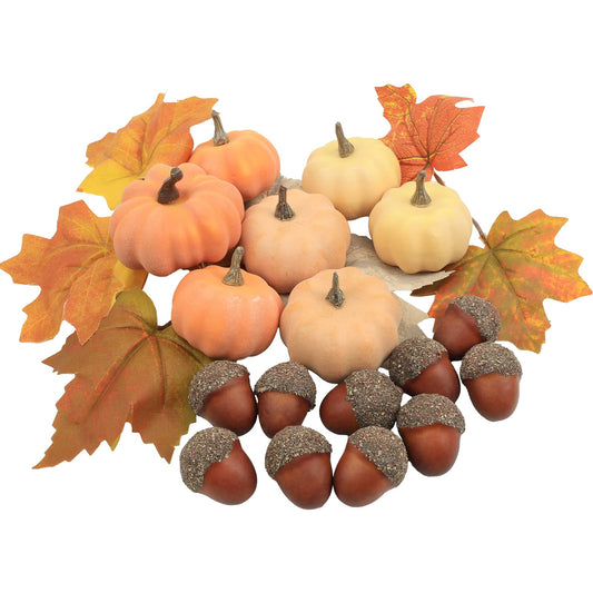 21Pcs Fake Pumpkins Fall Thanksgiving Decorations,Plastic Pumpkins with Acorns,Maple Leaves,Artificial Mini Pumpkin Decorating Autumn Harvest Outdoor Indoor Home Decor Centerpiece Table Decorations
