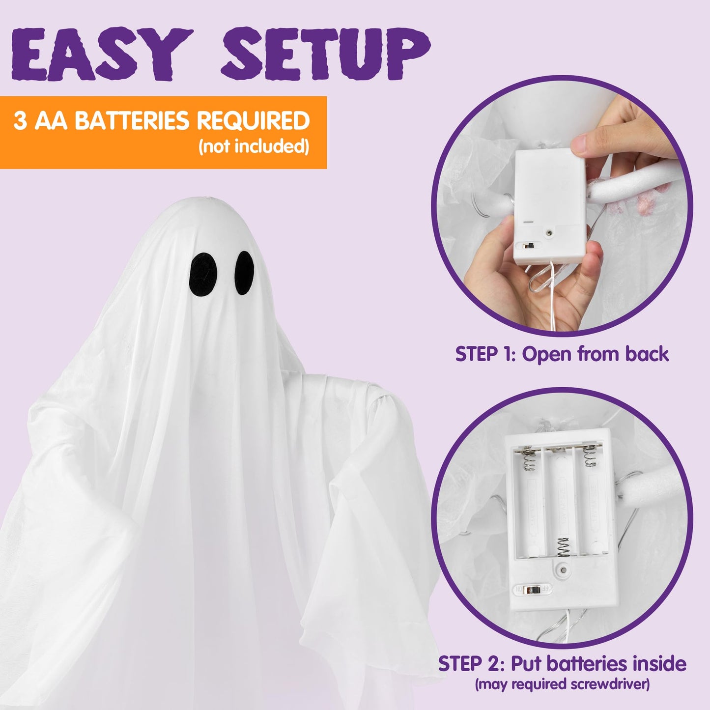 JOYIN Halloween Hanging Light up Ghost with Spooky Purple LED Light, 47” White Ghosts, Halloween Hanging Decoration for Front Yard Patio Lawn Garden Party Decor Indoor Outdoor