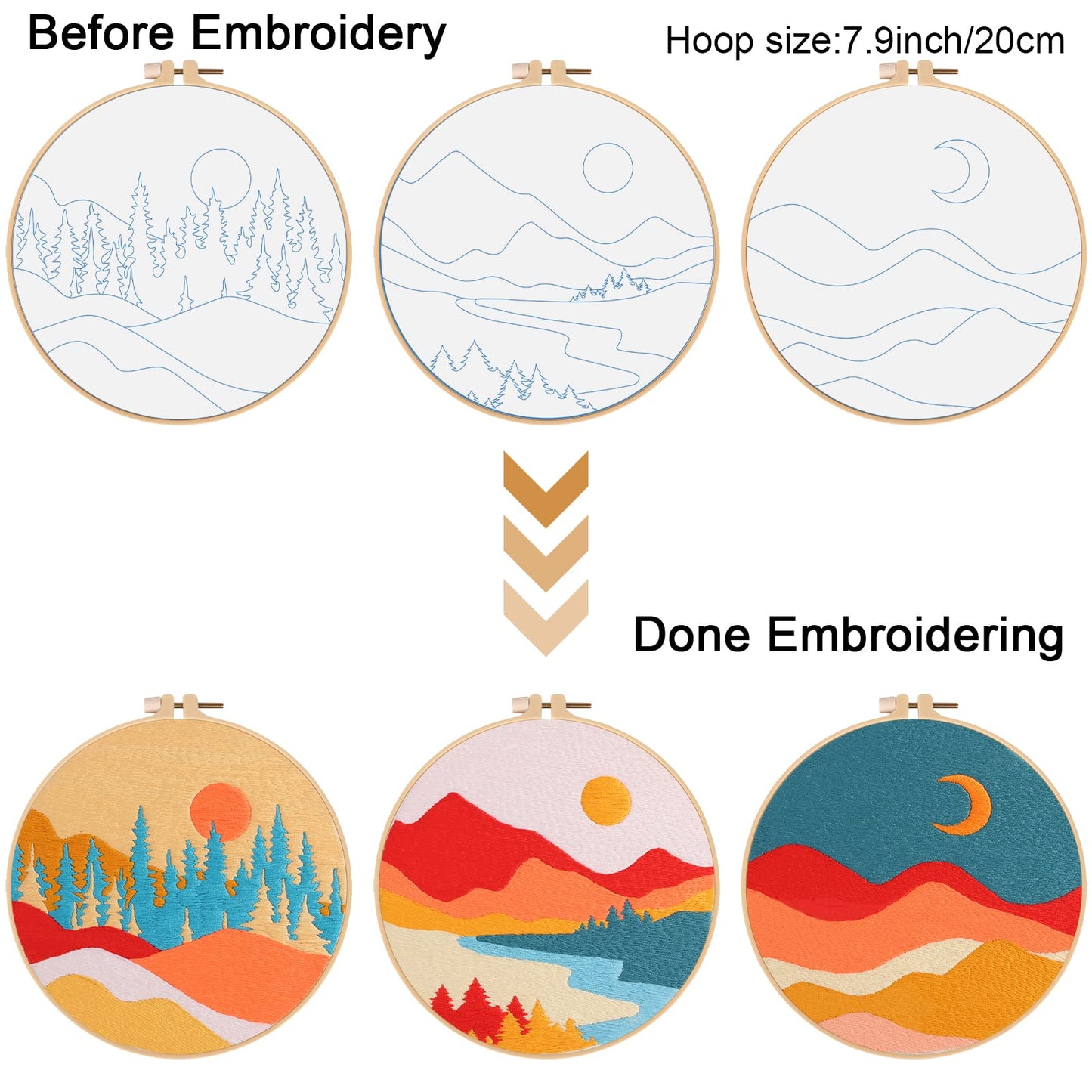 Louise Maelys 3 Set Landscape Embroidery Kits for Beginners with Mountain Sun Moon Pattern,Adults Starter Cross Stitch Kit DIY Needlepoint