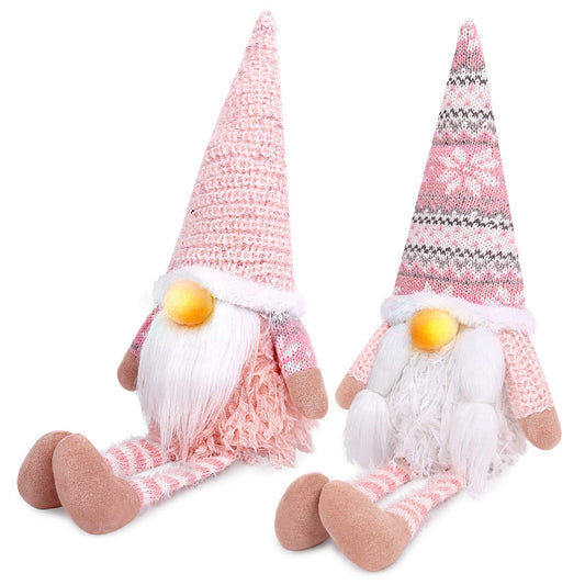 Pink Christmas Valentine Gnomes Decorations, 2Pack Handmade Swedish Tomte Gnome with LED Lighting Nose Scandinavian Figurine Pink Gnomes Plush Elf Valentines Day Decor Long Leg