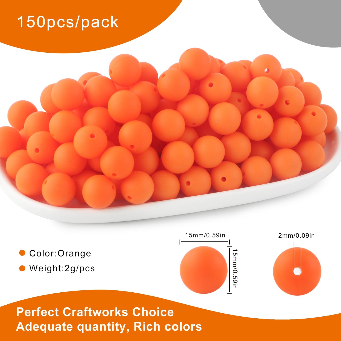 HHCFAST 150Pcs 15mm Silicone Beads, Silicone Beads for Keychain Making Bulk Silicone Beads for Bracelet Making Necklace Making and Round Silicone Beads for Pens(Orange)
