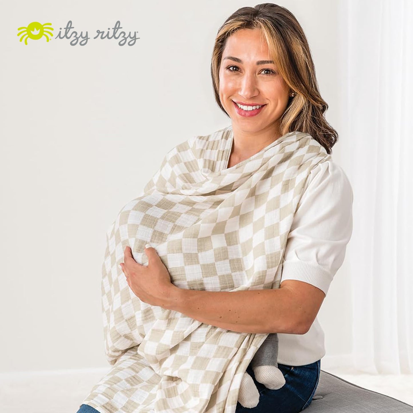 Itzy Ritzy Breastfeeding Boss Multi-Use Cover – A Nursing Cover, Swaddle, Car Seat Wrap, Tummy Time Mat & Burp Cloth All in One – Made of Soft Muslin Fabric & Measures 47” x 47” (Checkerboard)