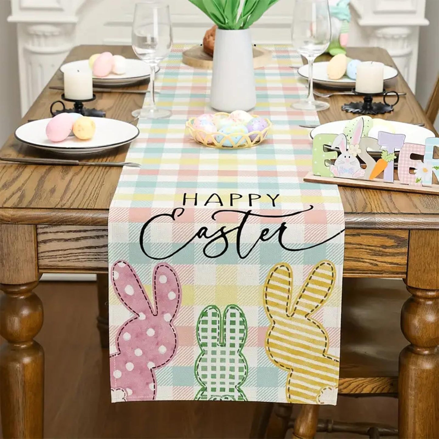Buffalo Plaid Rabbit Bunny Happy Easter Table Runner, Easter Decorations, 13x72 Inch Check Stripes Kitchen Table Decor, Spring Kitchen Dining Table Decoration for Home Party Decor