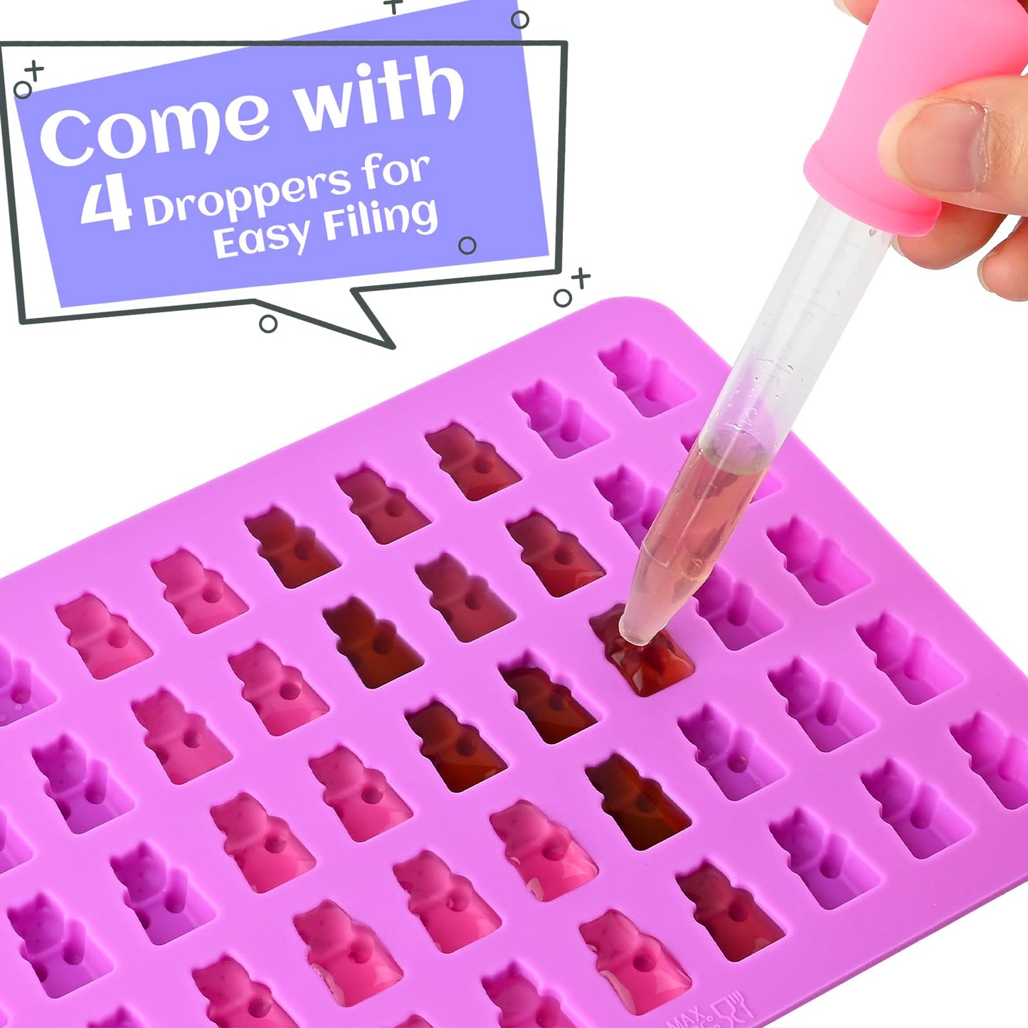 JOERSH Gummy Bear Molds Silicone 62PCS Set, Nonstick Candy Mold 18 Shapes for 327 Candies Including Dinosaur Fruit Animals Shaped, With 4 Droppers, Clean Brush, Storage Box, 50 Wrappers