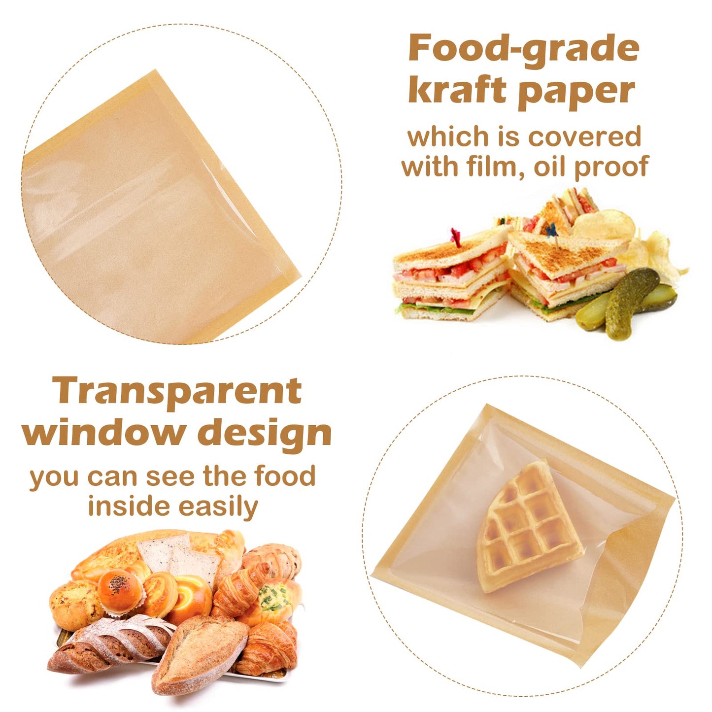 Ocmoiy 100ct Heat-Sealable Bakery Bags with Window for Egg Sandwich, Donut, Cookies Packaging, 7.1x7.5 Inches Clear Front Paper Treat bags To go, Grease-Resistant (100)