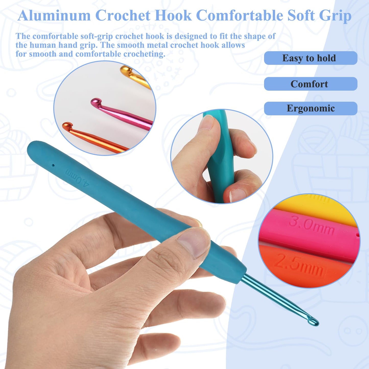 Coopay Crochet Hooks Ergonomic Soft Grip, 2mm-6mm Metal Crochet Set for Beginners, 19PCS Knitting Yarn Hook Kit w Stitch Marker, Knitting Needles for Arthritic Hands, Best DIY Craft Gift for Christmas