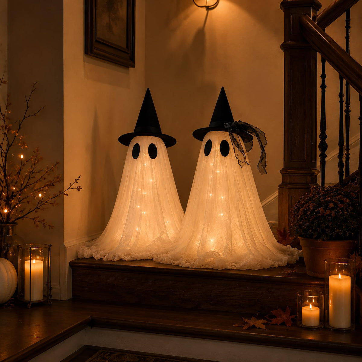2-Pack Halloween Ghost Decor Set, USB Powered w/Remote Lights
