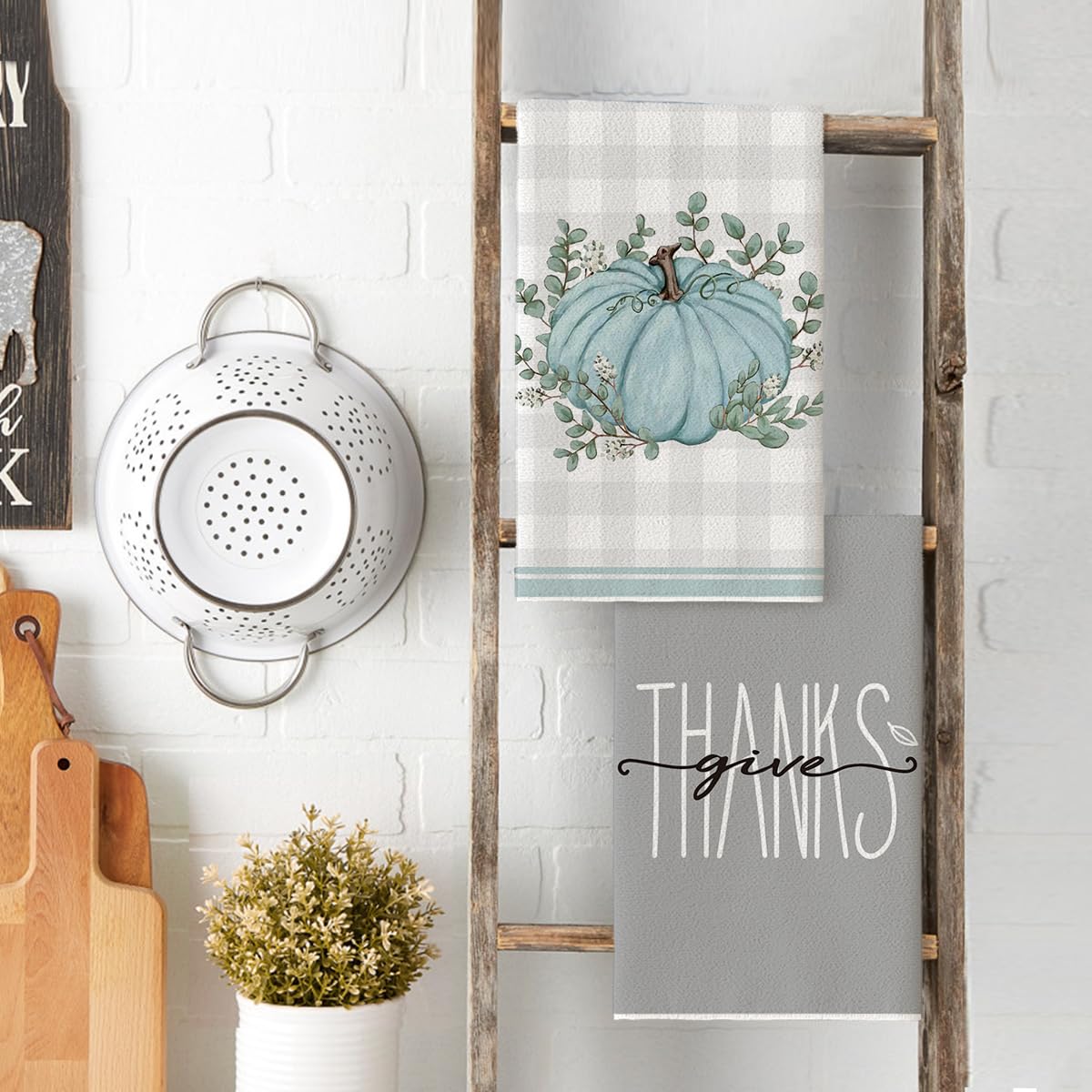 Artoid Mode Grey Eucalyptus Leaves Hello Pumpkin Fall Kitchen Towels Dish Towels, 18x26 Inch Farmhouse Give Thanks Decoration Hand Towels Set of 4