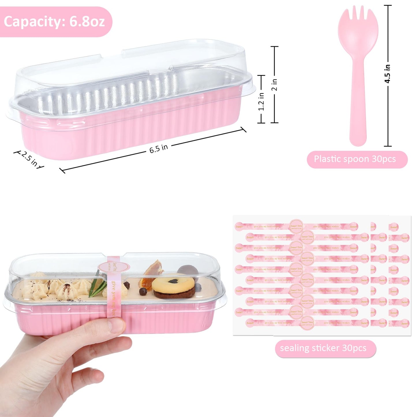 JuneHeart Mini Loaf Pans with Lids and Spoons, 30 Pack, Pink, 6.8oz, Rectangular Aluminum Foil Baking Pans