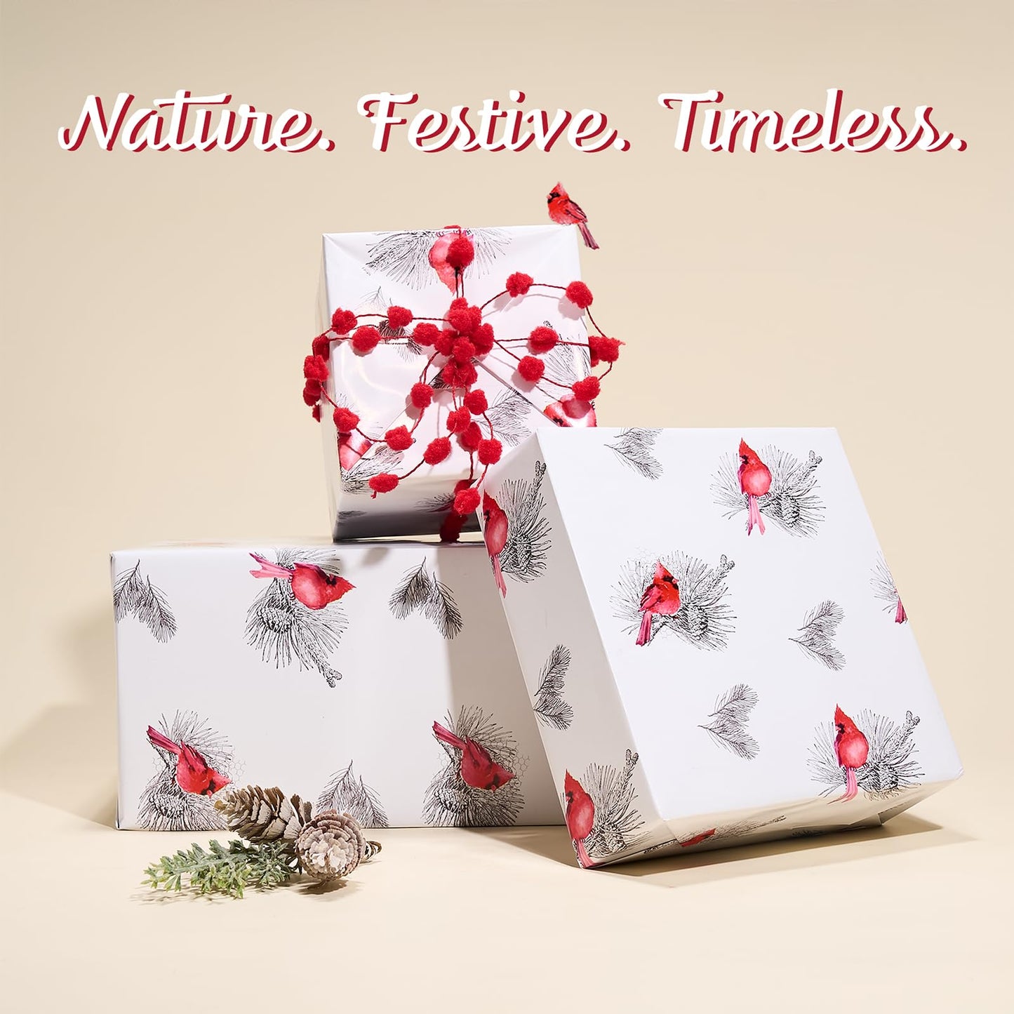 Cardinal Christmas Wrapping Paper Roll, Elegant Red Bird Holiday Gift Wrap with Pine Branches, Nature Xmas Paper for Winter Party, Presents, Family, Friends – 17 inch x 33 feet