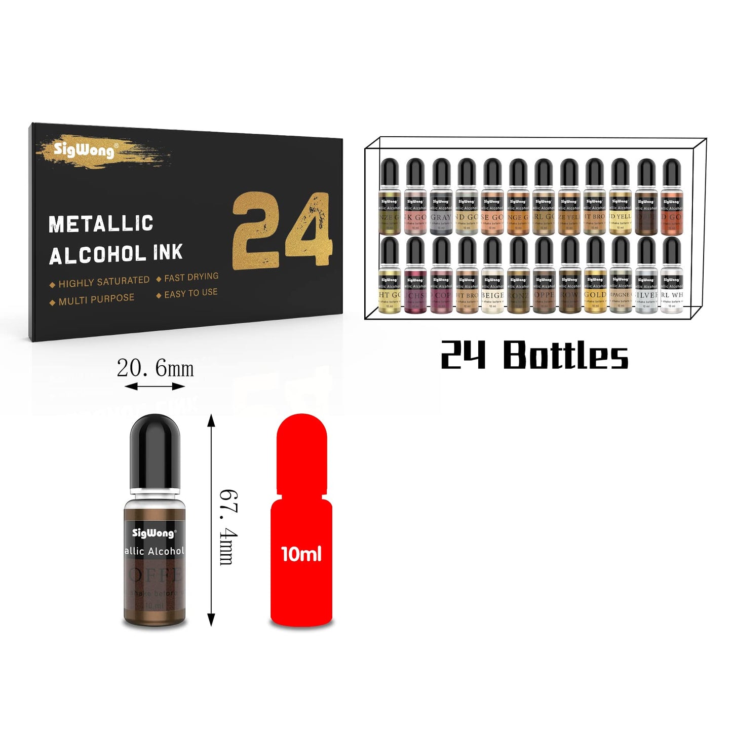 SigWong Metallic Alcohol Ink Set - 24 Colors, 10ml Each, Shimmer Mixatives for Resin, Yupo, Coaster, Painting, Tumbler Cup Making